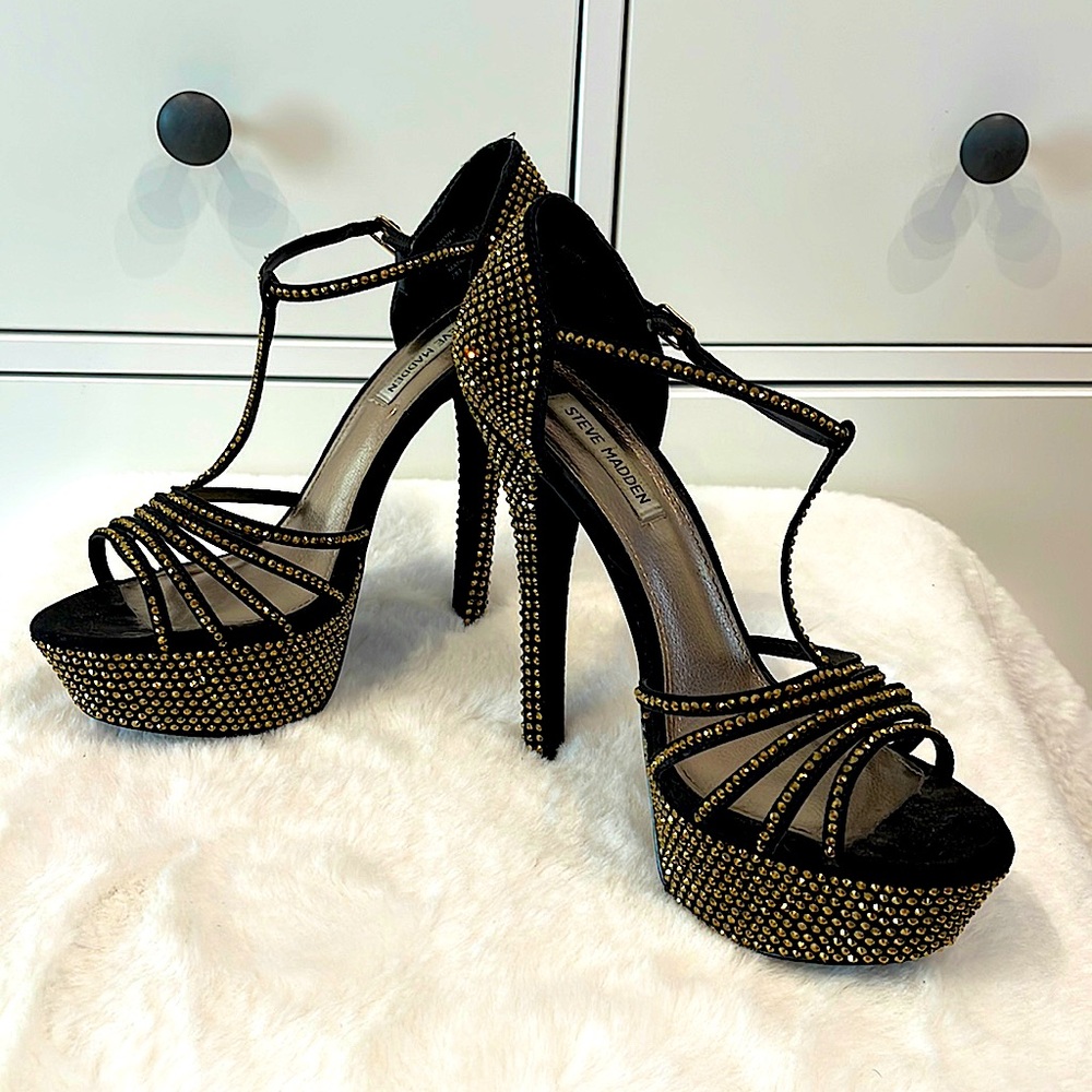 Steve Madden Black & Gold Strappy High Heels 8.5